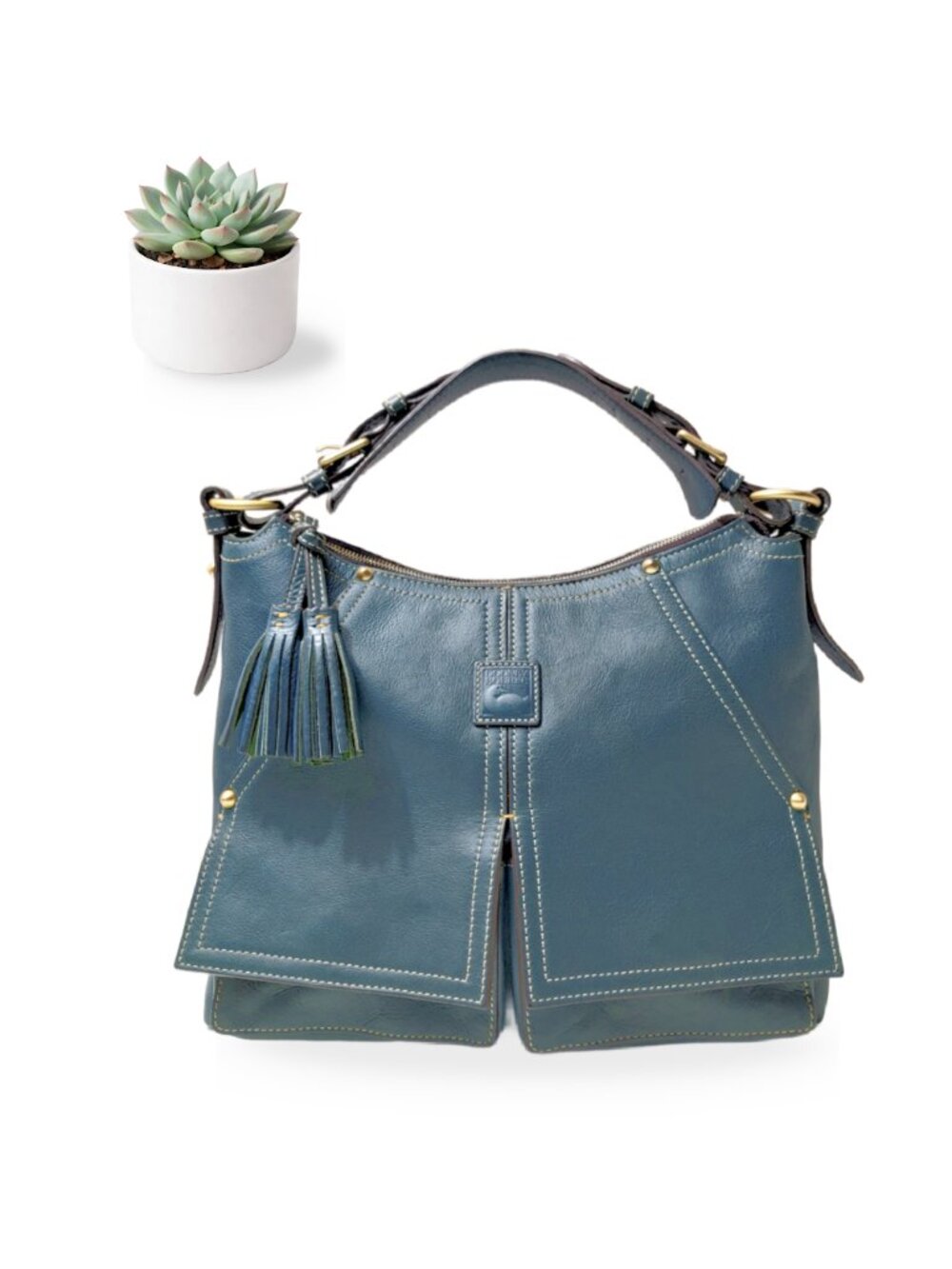 Dooney & Bourke Teal Blue Leather Hobo Shoulder Bag Tassel Duck Logo Brass Purse